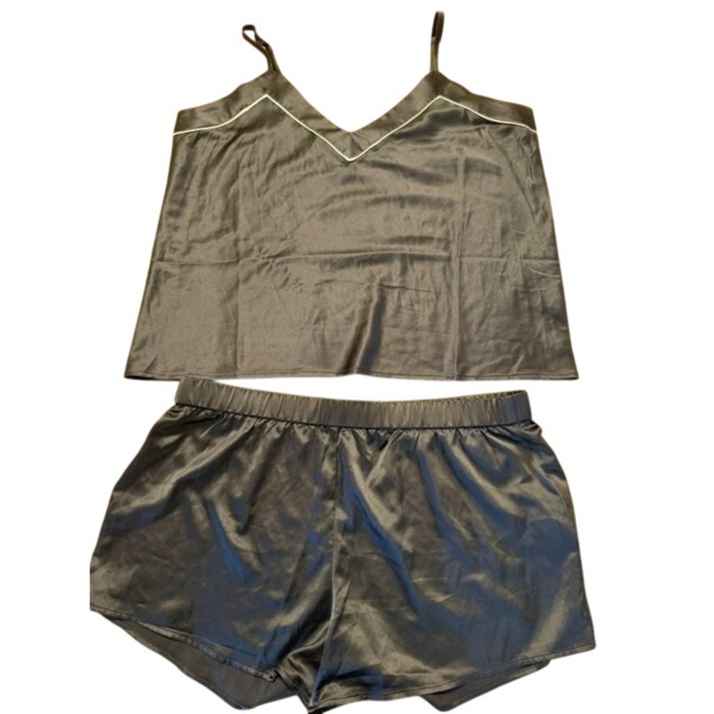 INC International Concepts Womens Black Satin Pajama Set Camisole Shorts Size L